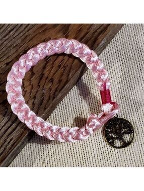 Braided Pale Pink Silk Antique Brass Tree of Life Charm Button Bracelet